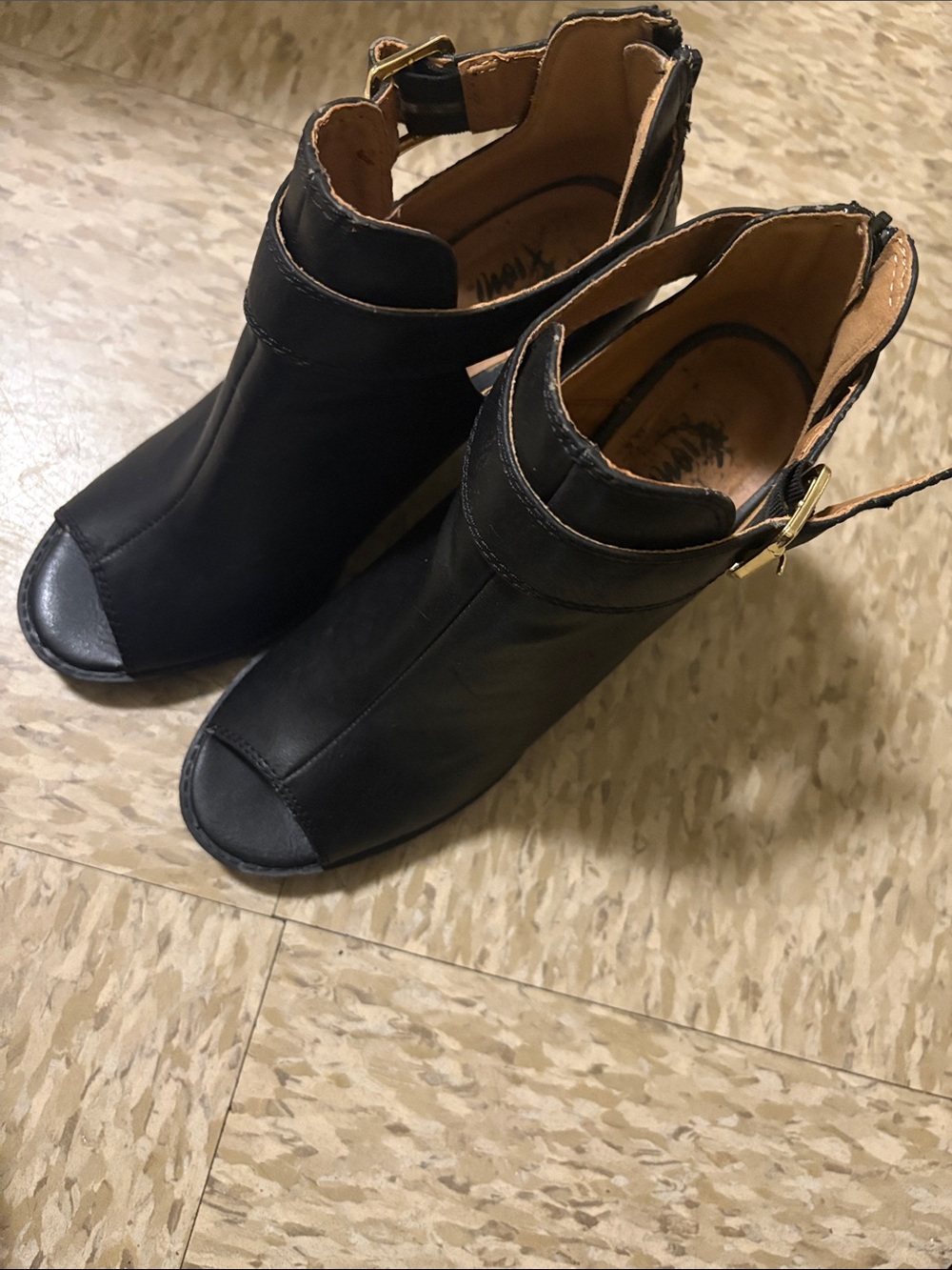 Black Open-Toe Ankle Boots with Buckle